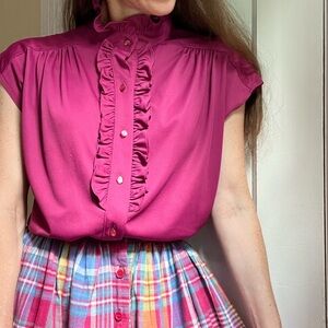 Vintage Ruffle Mockneck Tuxedo Front Button Down Sleeveless Magenta Blouse Top